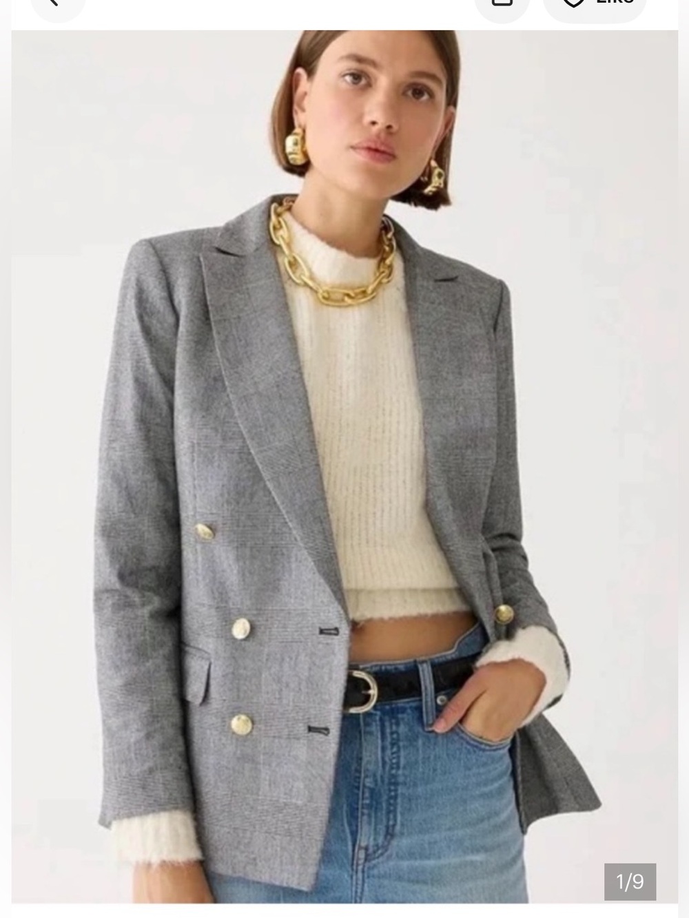 J. Crew Gray Plaid Double-Breasted Blazer with Gold Buttons